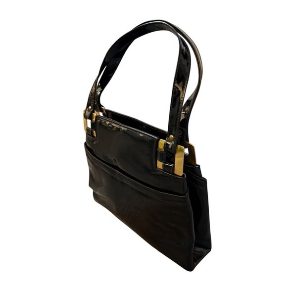 Lux Black Patent Leather Handbag Glossy VTG 60s Top Handles Gold Tone Hardware - Picture 4 of 14